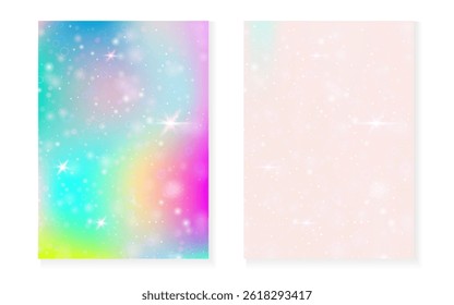 Rainbow background with kawaii princess gradient. Magic unicorn hologram.