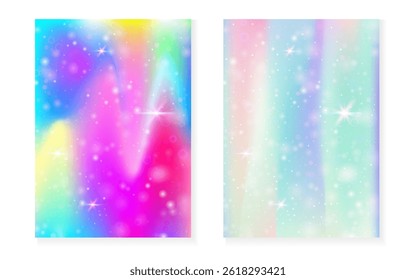 Rainbow background with kawaii princess gradient. Magic unicorn hologram.