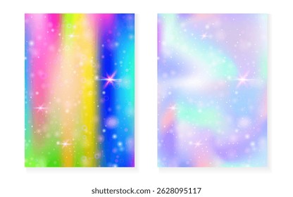 Rainbow background with kawaii princess gradient. Magic unicorn hologram.