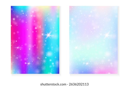 Rainbow background with kawaii princess gradient. Magic unicorn hologram.