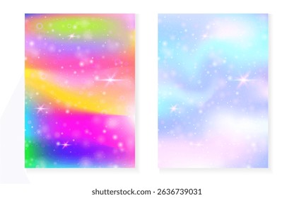 Rainbow background with kawaii princess gradient. Magic unicorn hologram.