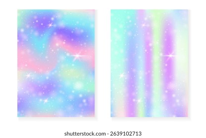 Rainbow background with kawaii princess gradient. Magic unicorn hologram.