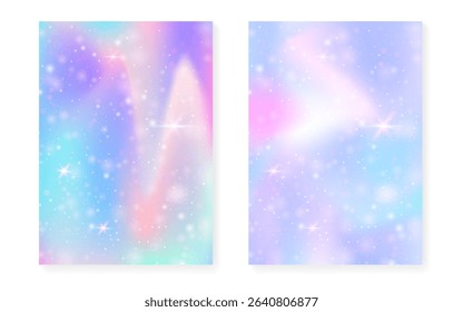 Rainbow background with kawaii princess gradient. Magic unicorn hologram.