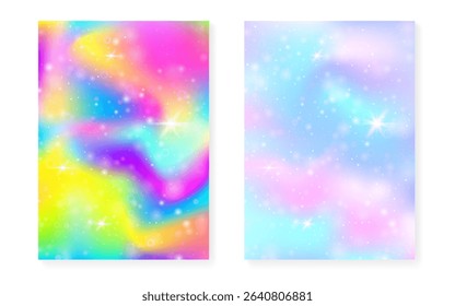 Rainbow background with kawaii princess gradient. Magic unicorn hologram.