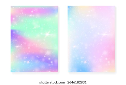 Rainbow background with kawaii princess gradient. Magic unicorn hologram.