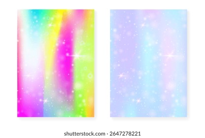 Regenbogen Hintergrund mit Kawaii Prinzessin Farbverlauf. Magisches Einhorn-Hologramm.