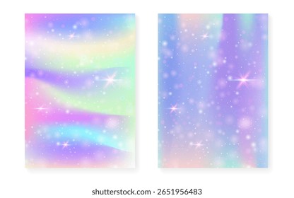 Rainbow background with kawaii princess gradient. Magic unicorn hologram.