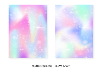 Rainbow background with kawaii princess gradient. Magic unicorn hologram.