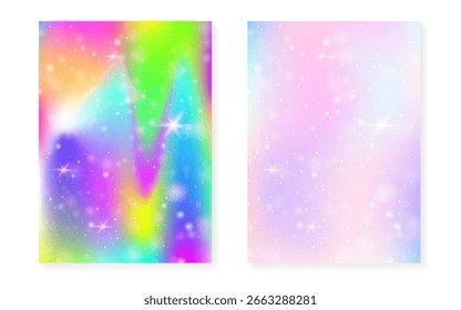 Regenbogen Hintergrund mit Kawaii Prinzessin Farbverlauf. Magisches Einhorn-Hologramm.
