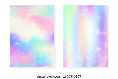 Regenbogen Hintergrund mit Kawaii Prinzessin Farbverlauf. Magisches Einhorn-Hologramm.