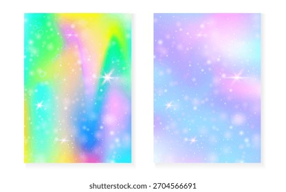 Rainbow background with kawaii princess gradient. Magic unicorn hologram.