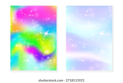Rainbow background with kawaii princess gradient. Magic unicorn hologram.