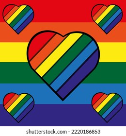 Fondo arcoiris con corazón lgbt+. Mes del orgullo. Bandera LGBT. Fondo 3d rayado con sombras.