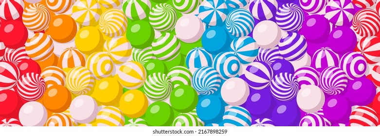 Rainbow background with many round candies, beach balls or gumballs with spiral and striped pattern. Vector cartoon seamless pattern with pile of colored sweet dragee or bubble gum