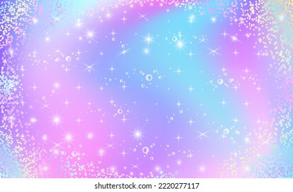 Rainbow background for a mermaid. Fantastic background in sparkling stars and bubbles for design. Vector illustration.