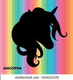 Rainbow background on black silhouette unicorn vector design