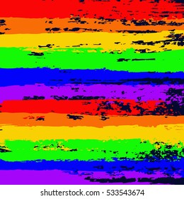 Rainbow background. Painted distressed texture. Colorful vector pattern. Messy grunge design. Spectrum illustration. Can be poster, greeting card, banner, stylized gay flag