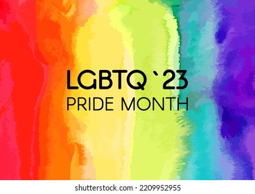 Rainbow Background Painted In Watercolor With Lgbt 2023 Logo. Smooth Transition Of Paint. LGBTQ Support. Human Rights. Vector Bright Colorful Illustration.