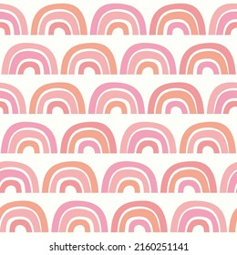 Rainbow background pattern. Cute vector seamless repeat design of boho pink rainbows. 