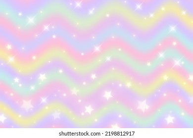 Rainbow background. Pattern in pastel colors. Wavy multicolored unicorn sky with stars and hearts. Vector