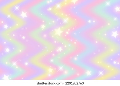 Rainbow background. Pattern in pastel colors. Wavy multicolored unicorn sky with stars and hearts. Vector