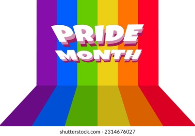 rainbow background with pride month lettering on white background