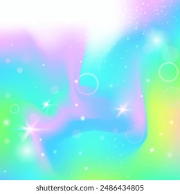 Regenbogenhintergrund. Lila Prinzessin Einladung. Einhorn-Muster. Märchenhaftes buntes Netz. Rosa kosmischer Gradient. In: Lilac Magical Hologram. Magisches Glitzern. Party Regenbogen Hintergrund.