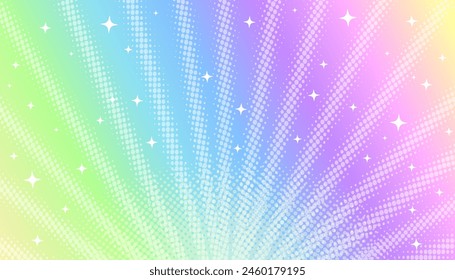 Rainbow background with rays of light, sparkles and stars in the style of manga, comics. Vector image of a stage, lights and concert, holiday, surprise.