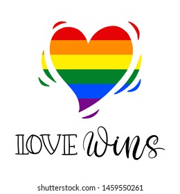 Rainbow background in the shape of a heart, symbol of gay pride isolated on white background. Hand drawn texture, LGBT flag. Template with place for text. Lettering Love Wins.