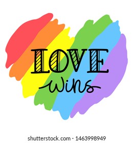 Rainbow background in the shape of a heart, symbol of gay pride isolated on white background. Hand drawn texture, LGBT flag. Template with place for text. Lettering Love wins.