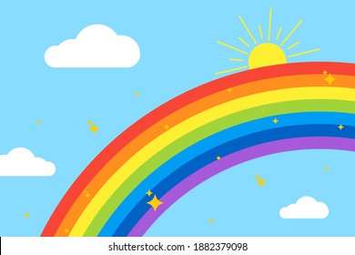 Rainbow background. Sky with rainbow, clouds, sun and stars. Isolated on light blue background. Vector illustration.