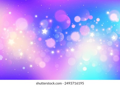 Rainbow background with stars and bokeh. Glitter cute rainbow sky. Magic pastel galaxy with fantasy sparkles. Vector abstract holographic space and iridescent gradient