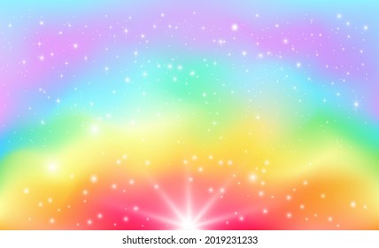 Rainbow background with stars. Vector  cute illustration of rainbow and glitter for princess.