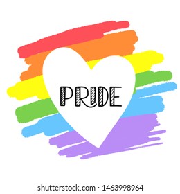 Rainbow background, symbol of gay pride isolated on white background. Hand drawn texture, LGBT flag. Template with place for text. Lettering Pride. Red, orange, yellow, green, blue, purple colors.