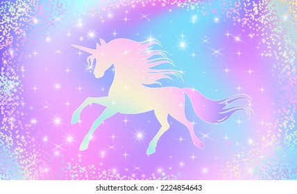 Rainbow background with unicorn. Fantastic background in sparkling stars and unicorn silhouette for design.Vector illustration.