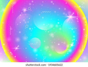 Rainbow background with vibrant gradients. Holographic dynamic fluid. Cosmos hologram. Graphic template for cover, mobile screen and cover. Retro rainbow background.