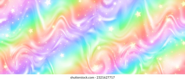 Rainbow background with waves of fluid. Abstract pastel gradient wallpaper with bright vibrant colors and stars. Vector unicorn holographic backdrop