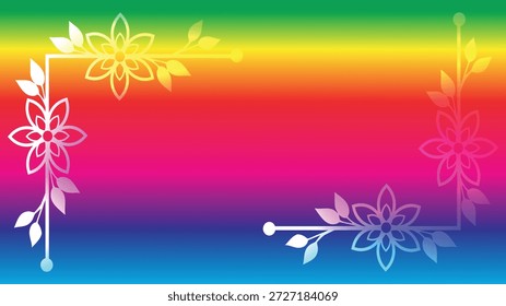 Rainbow background with white floral corner frames gradient flowers