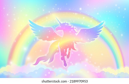 Rainbow background with winged unicorn silhouette. Vector illustration of rainbow and unicorn for kids.