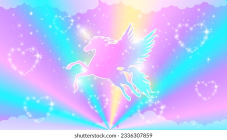 Rainbow background with winged unicorn silhouette with stars. Vector illustration of rainbow and unicorn for kids.