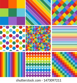 Rainbow backgrounds, set of 9 different rainbow patterns, colorful backgrounds, geometric patterns, vector