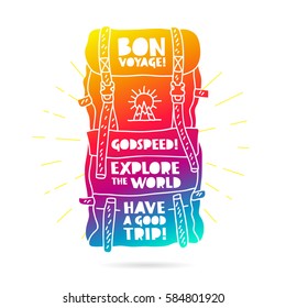 Rainbow backpack with an inscription - Bon Voyage and summer icons. Trend lettering. Vector illustration on white background