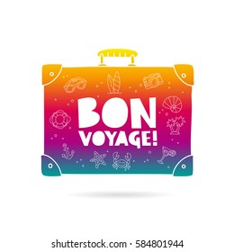 Rainbow bag with the inscription - Bon Voyage and summer icons. Trend lettering. Vector illustration on white background
