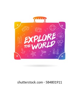 Rainbow bag with the inscription - Explore the world and summer icons. Trend lettering. Vector illustration on white background