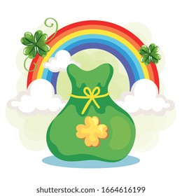 arco iris y dinero de bolsa con diseño de ilustración de vector de trébol