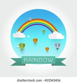  rainbow with balloon and clouds in the sky, on white background Vector illustration