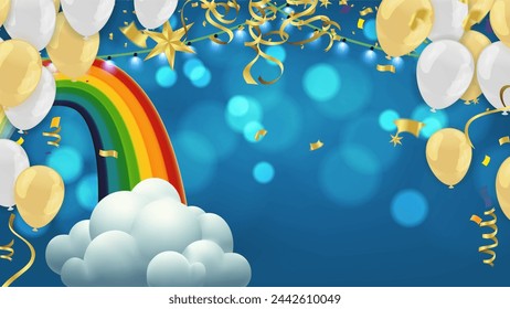 Rainbow, balloons and confetti on the background. Vector illustration.