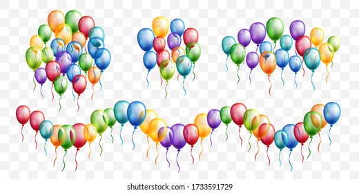 Rainbow balloons decoration collection.Circle, oval decors and horizontal wavy border. Vector celebration design element.