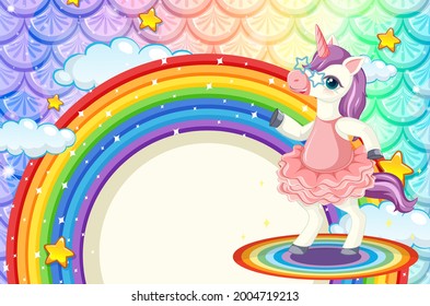 Rainbow banner with cute unicorn on colourful fish scales background illustration