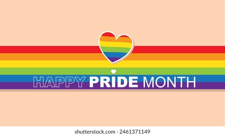 Rainbow banner with rainbow heart and Happy Pride Month text on peach background. LGBTQ+ celebration illustration.